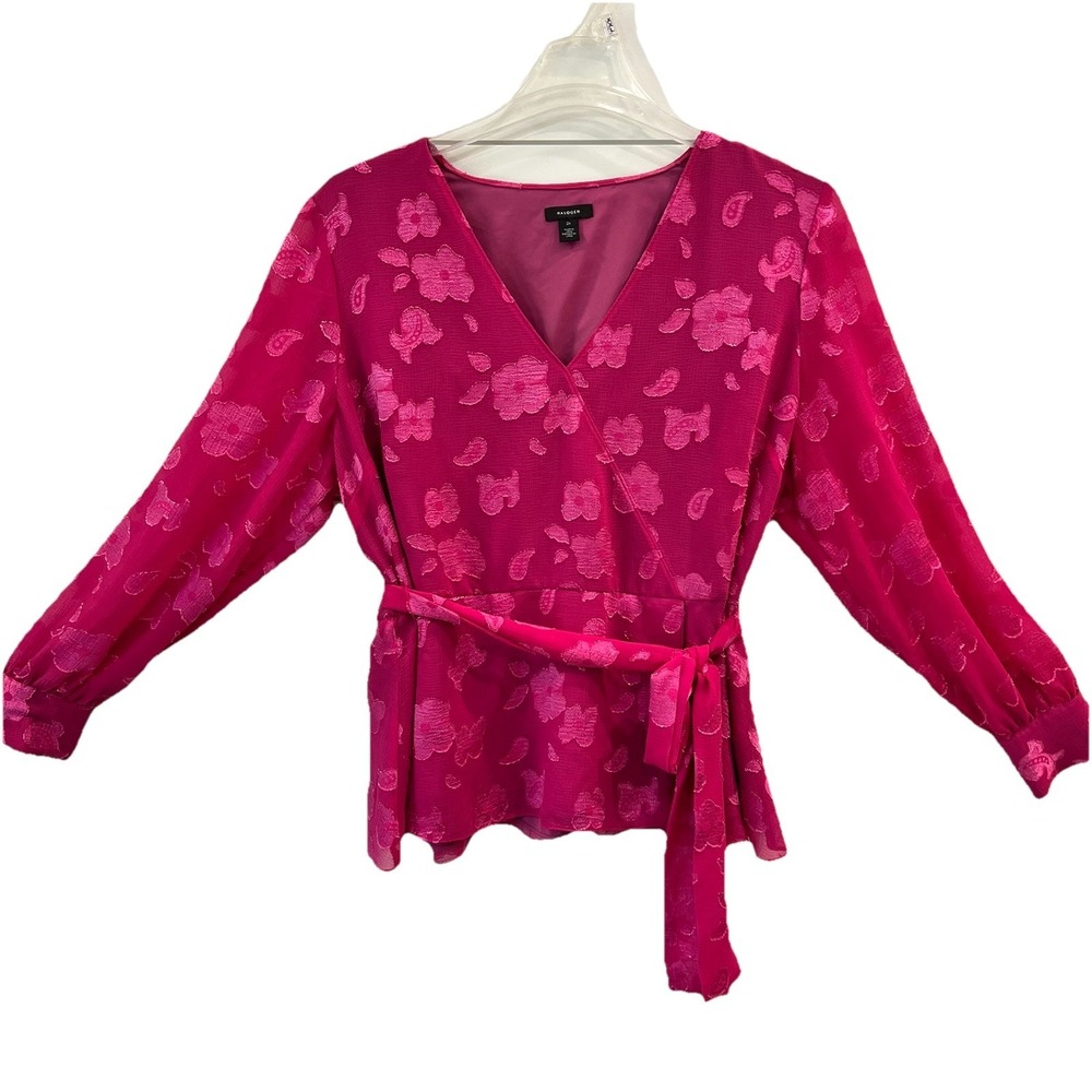 Halogen Blouse‎ Women's 2X Pink Floral Print VNeck Sheer Belted Peplum Office
